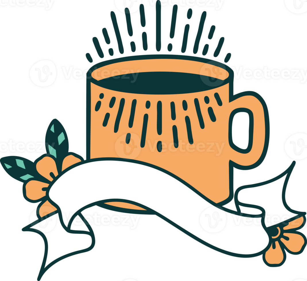 traditional tattoo with banner of cup of coffee png