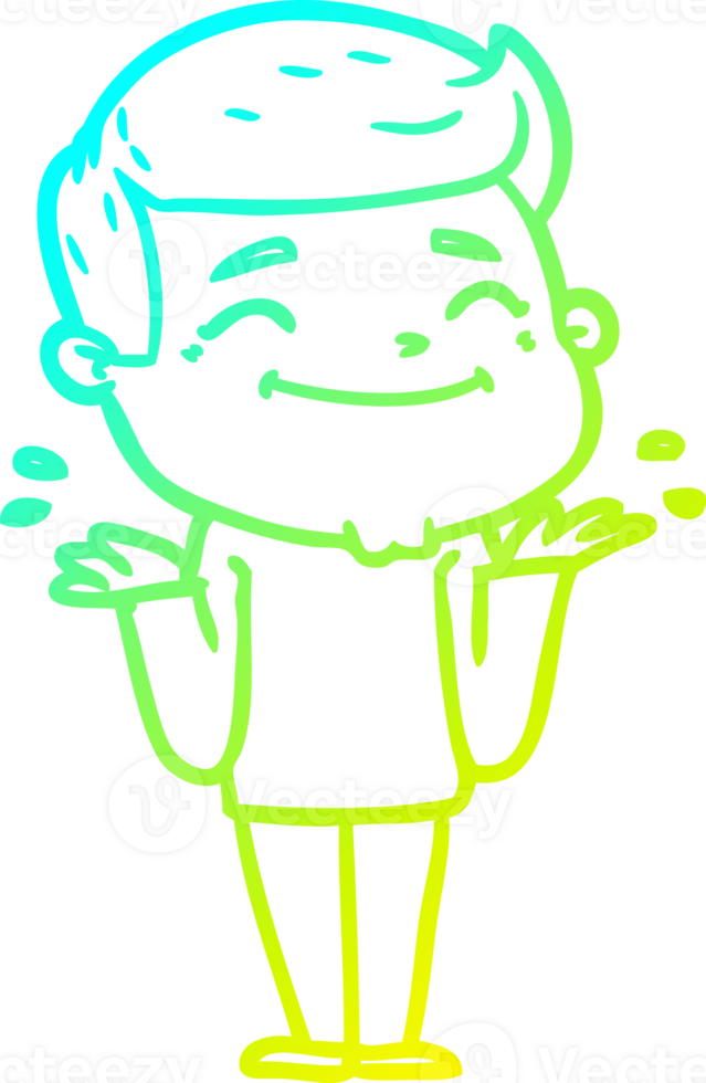 cold gradient line drawing of a happy cartoon man shrugging png