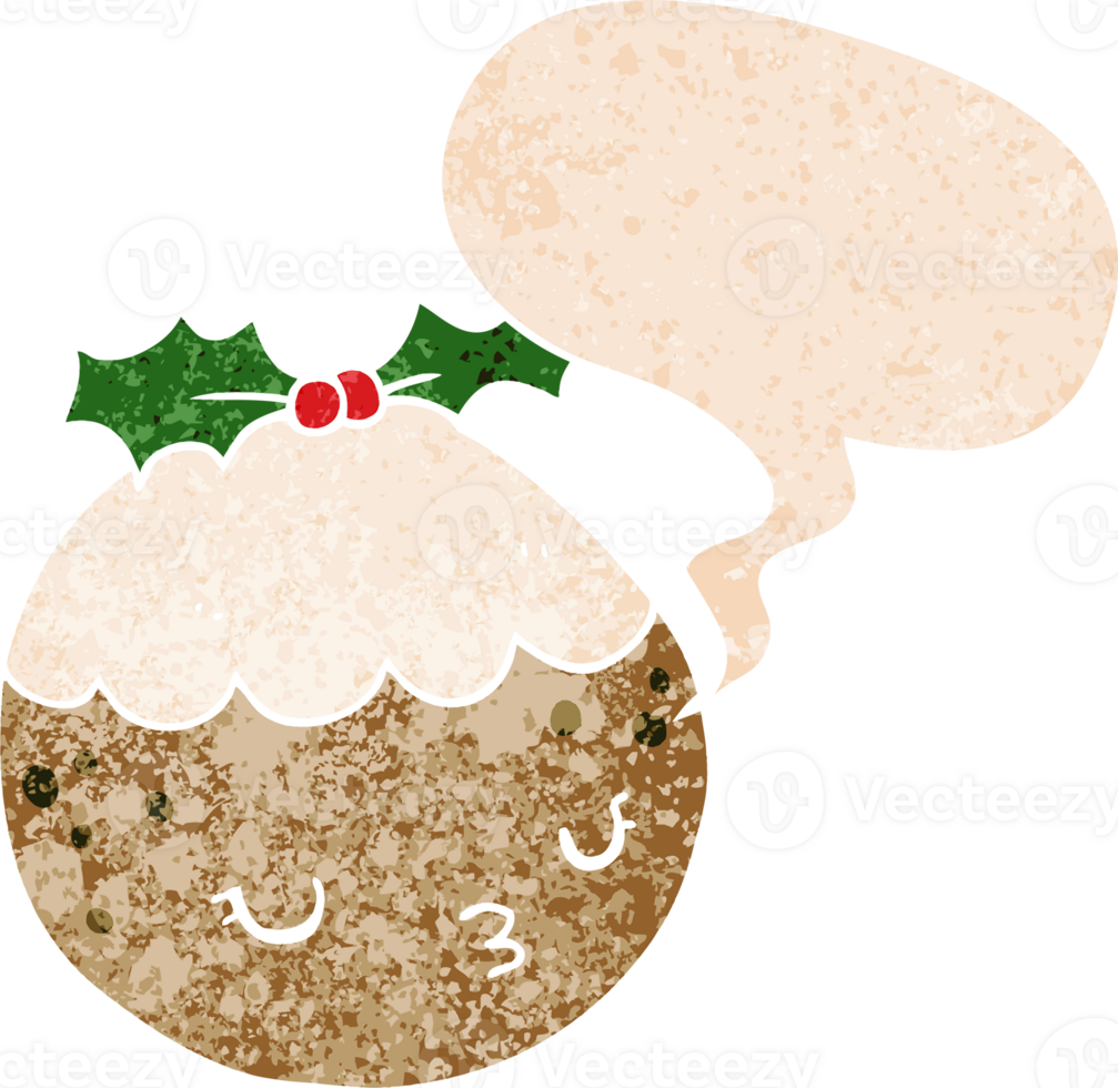 cute cartoon christmas pudding with speech bubble in grunge distressed retro textured style png
