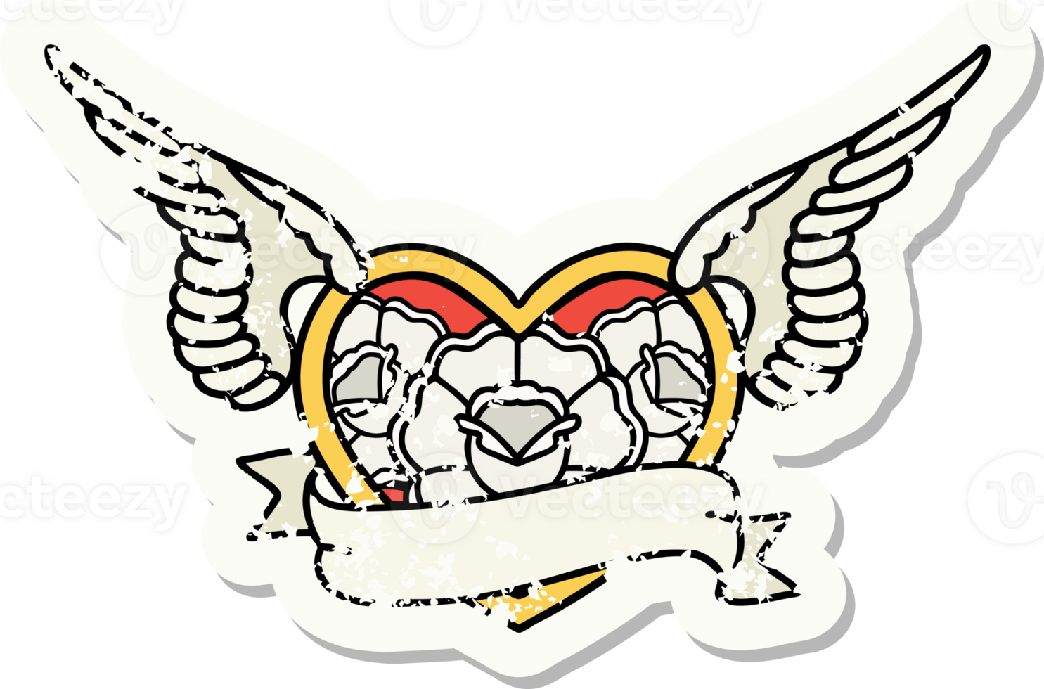distressed sticker tattoo in traditional style of a flying heart with flowers and banner png