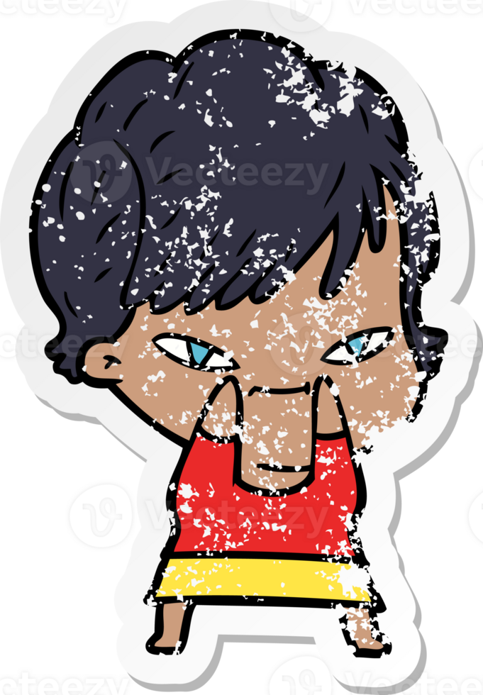 distressed sticker of a cartoon happy woman png