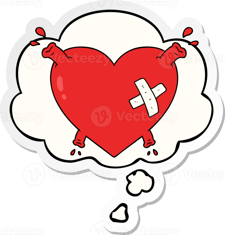 cartoon heart squirting blood with thought bubble as a printed sticker png