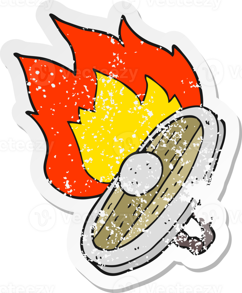 retro distressed sticker of a cartoon shield burning png