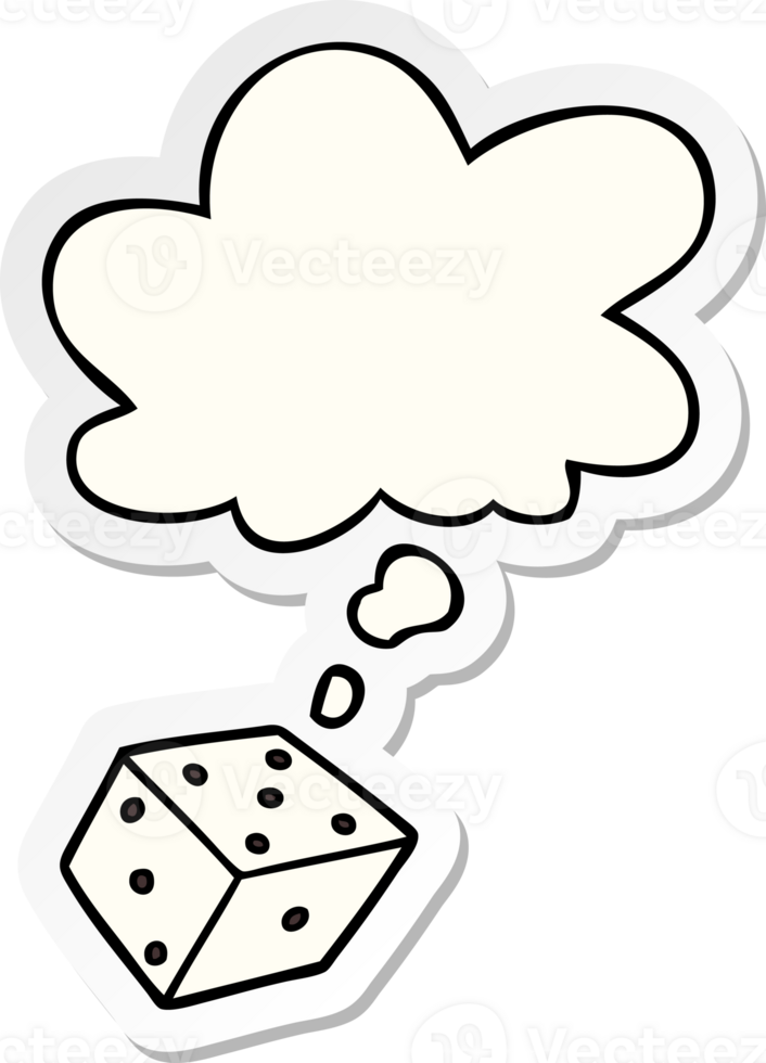 cartoon dice with thought bubble as a printed sticker png