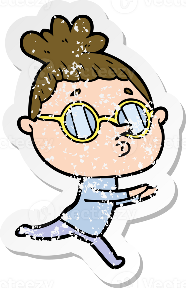 distressed sticker of a cartoon woman wearing glasses png