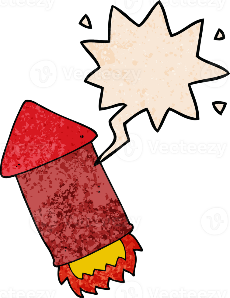 cartoon rocket with speech bubble in retro texture style png
