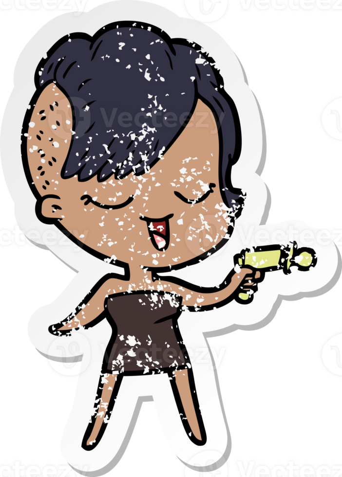 distressed sticker of a happy cartoon girl png