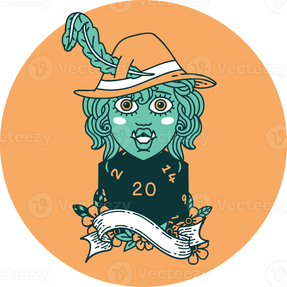 icon of singing half orc bard with natural twenty dice roll png