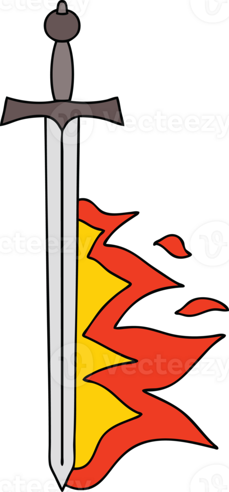 hand drawn quirky cartoon flaming sword png