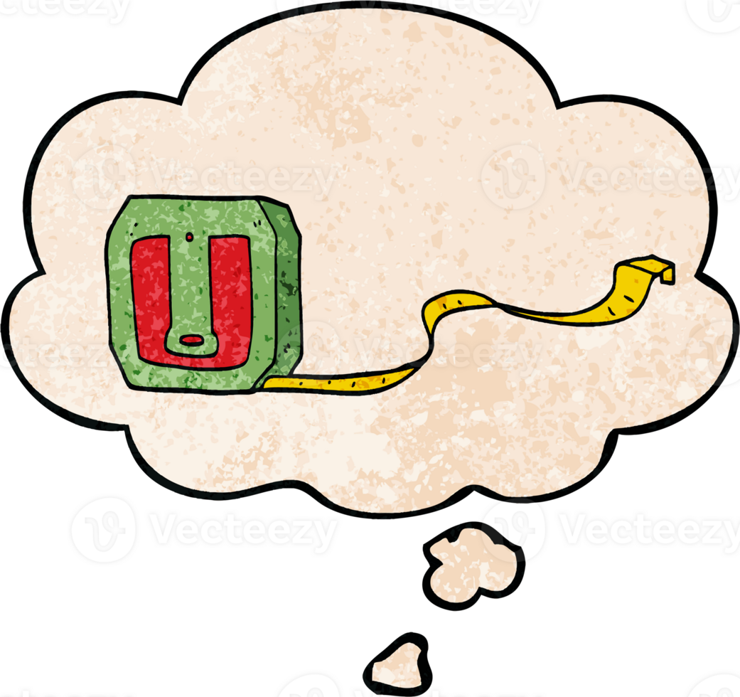 cartoon tape measure with thought bubble in grunge texture style png