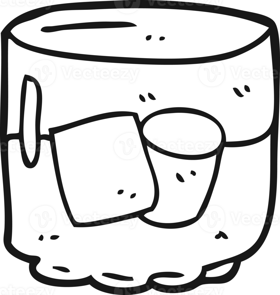 hand drawn black and white cartoon whiskey and ice png