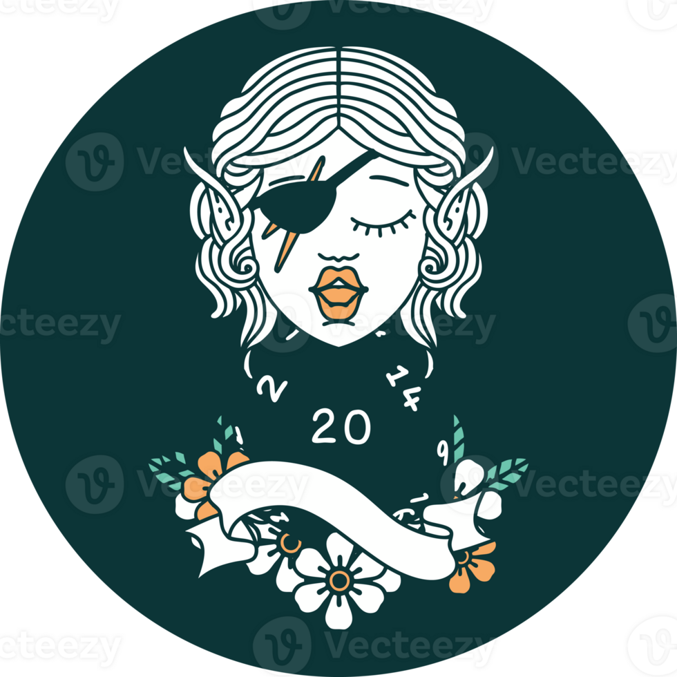 icon of elf rogue character with natural twenty dice roll png