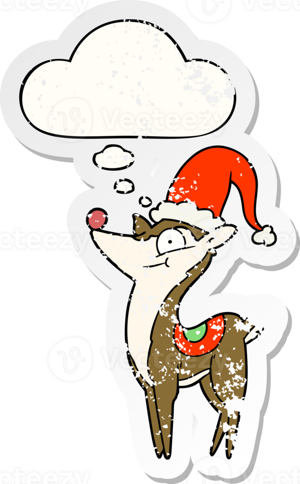 cartoon christmas reindeer with thought bubble as a distressed worn sticker png