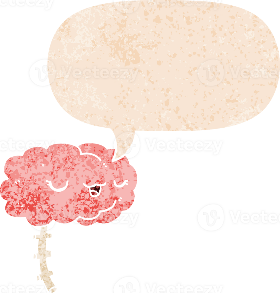 happy cartoon brain with speech bubble in grunge distressed retro textured style png