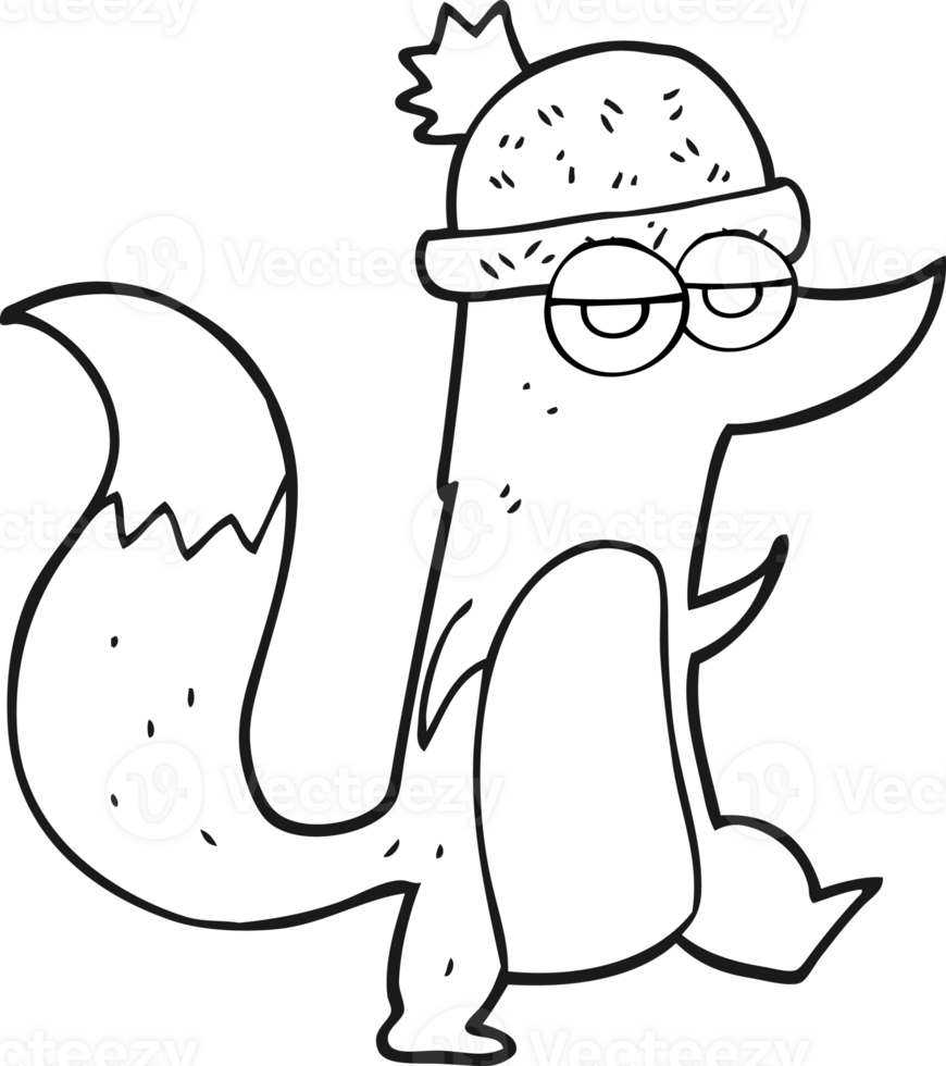 hand drawn black and white cartoon little wolf wearing hat png