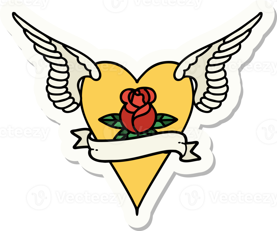 sticker of tattoo in traditional style of a flying heart with flowers and banner png