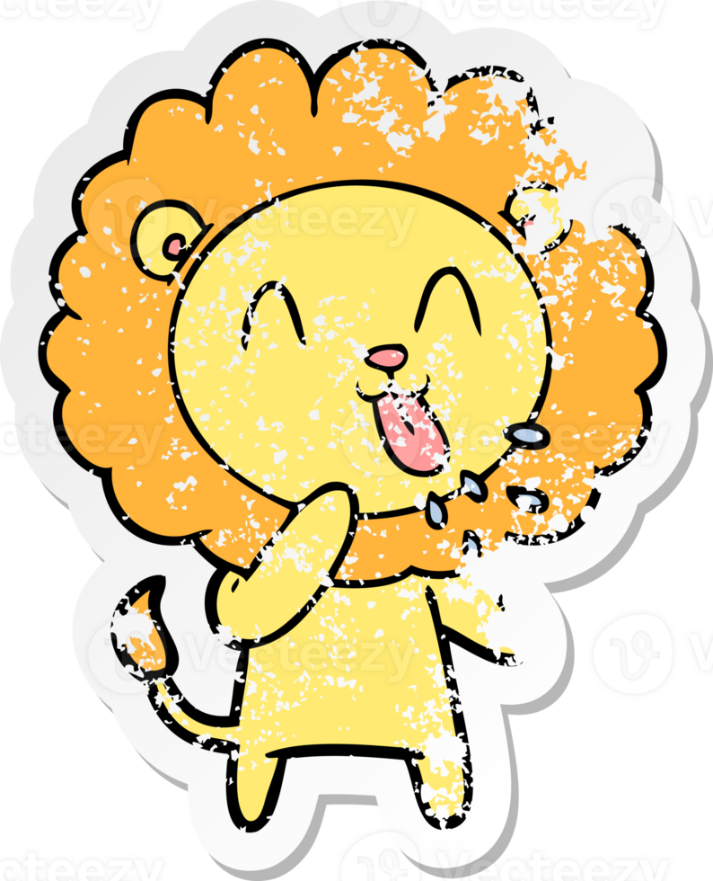 distressed sticker of a happy cartoon lion png