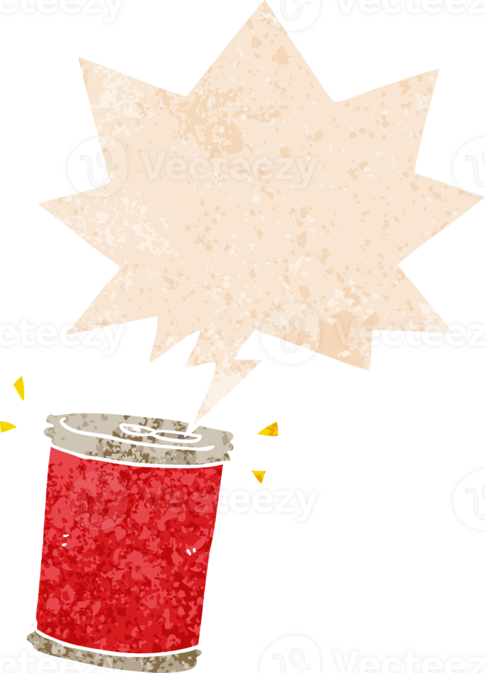 cartoon soda can with speech bubble in grunge distressed retro textured style png