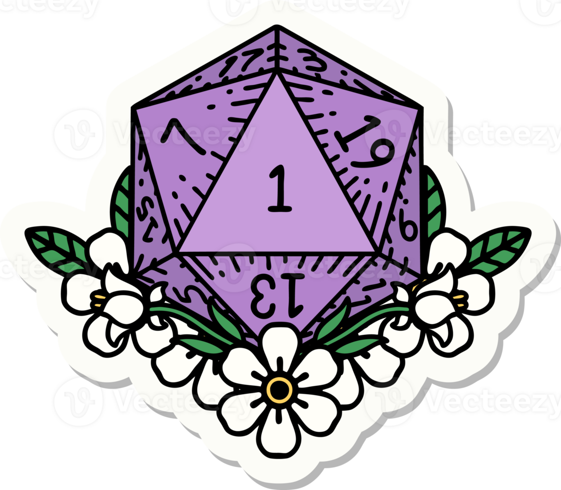 sticker of a natural one dice roll with floral elements png