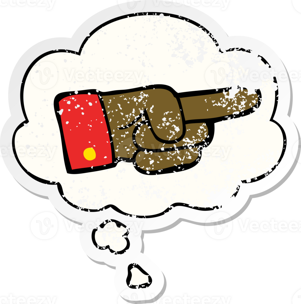 cartoon pointing hand with thought bubble as a distressed worn sticker png