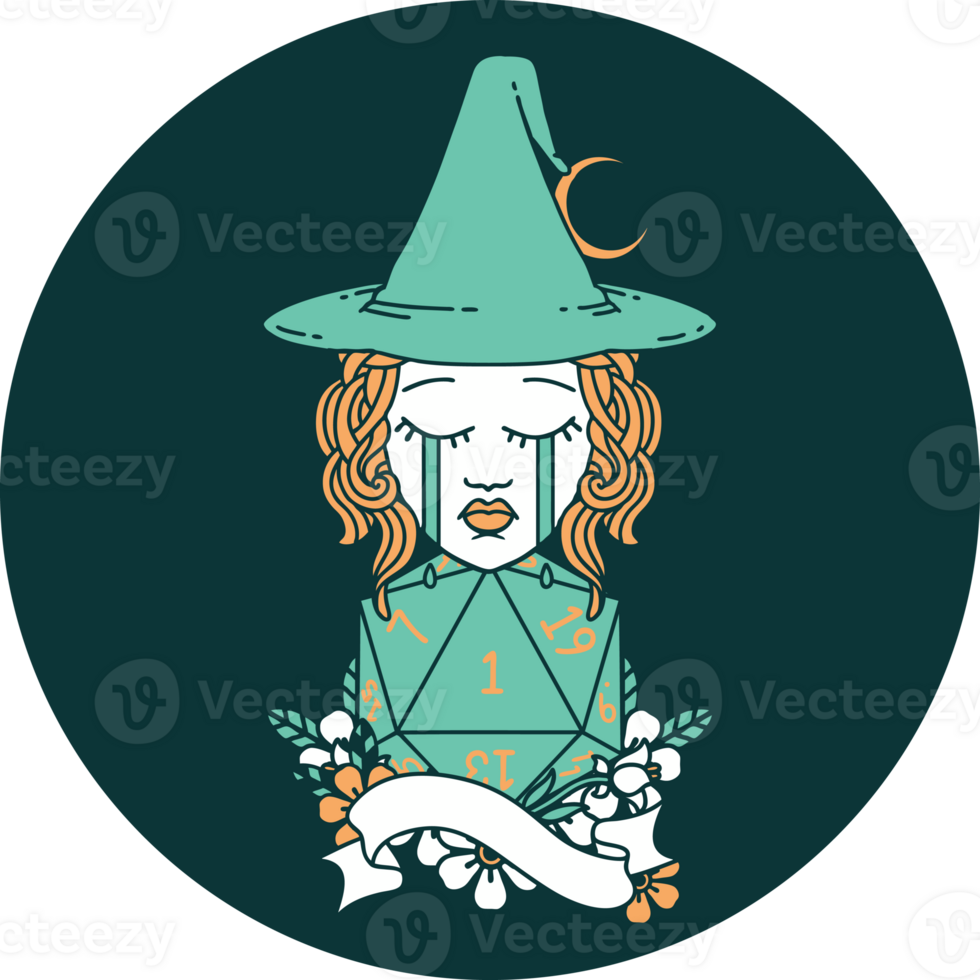 icon of human witch with natural one D20 roll png