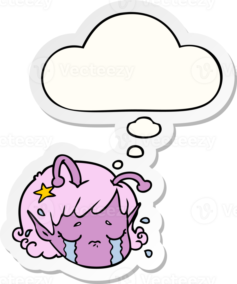 cartoon alien space girl face crying with thought bubble as a printed sticker png
