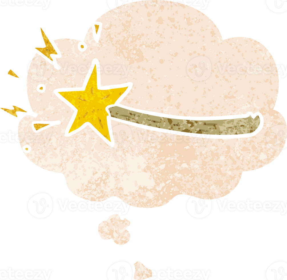 cartoon magic wand with thought bubble in grunge distressed retro textured style png