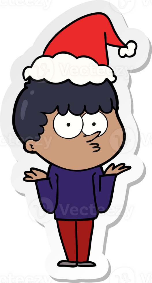 hand drawn sticker cartoon of a curious boy shrugging shoulders wearing santa hat png