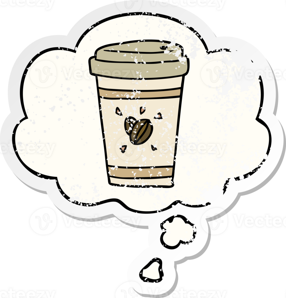 cartoon takeout coffee with thought bubble as a distressed worn sticker png