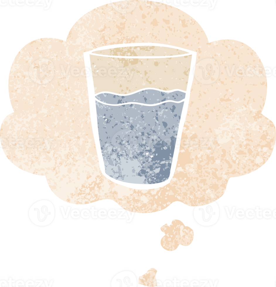 cartoon glass of water with thought bubble in grunge distressed retro textured style png