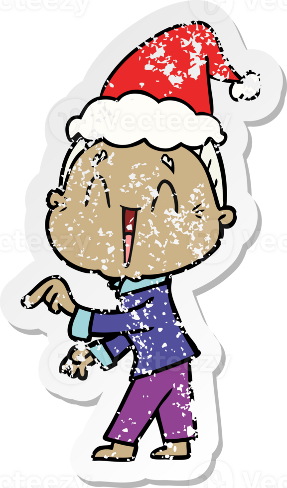 hand drawn distressed sticker cartoon of a happy old lady wearing santa hat png