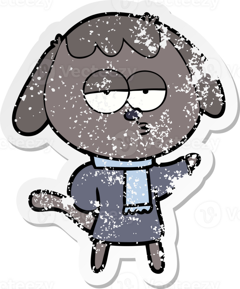 distressed sticker of a cartoon tired dog wearing winter clothes png