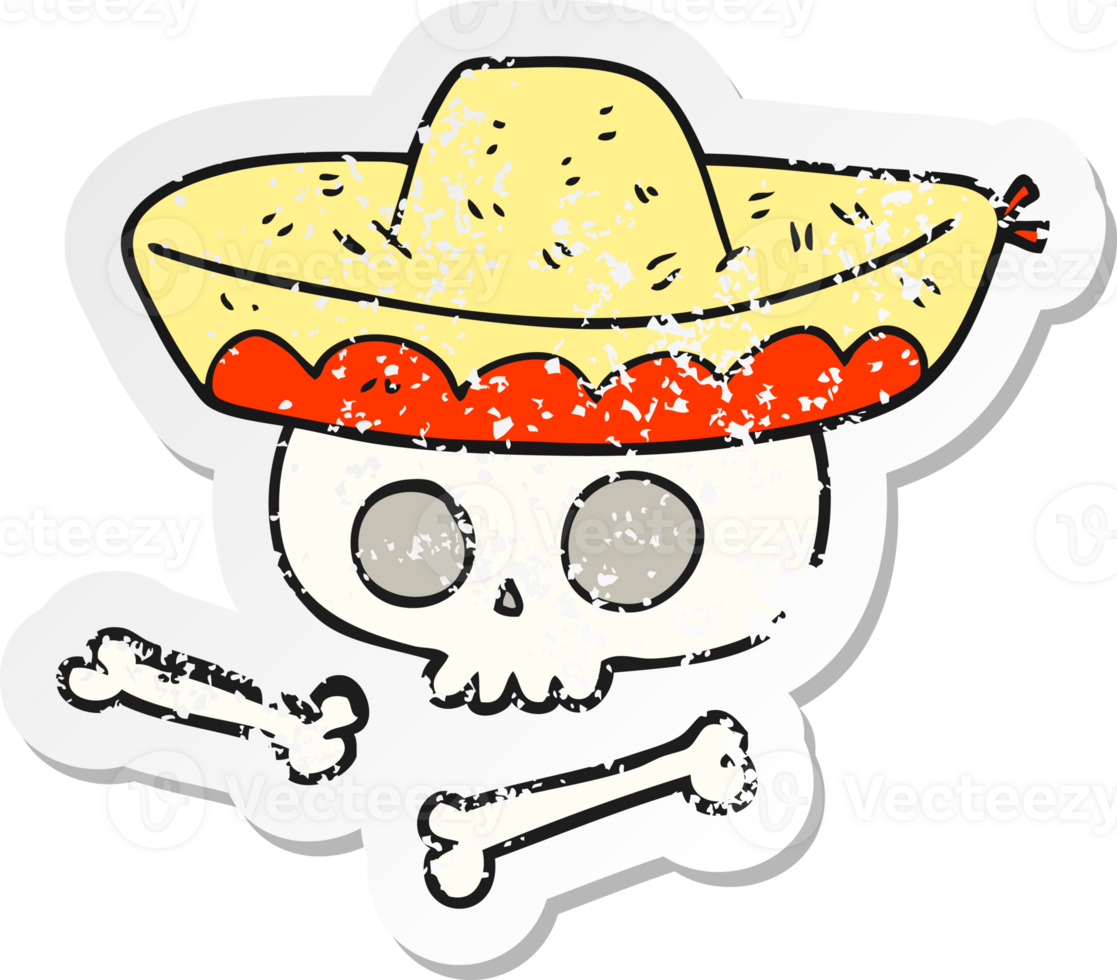 retro distressed sticker of a cartoon skull in mexican hat png
