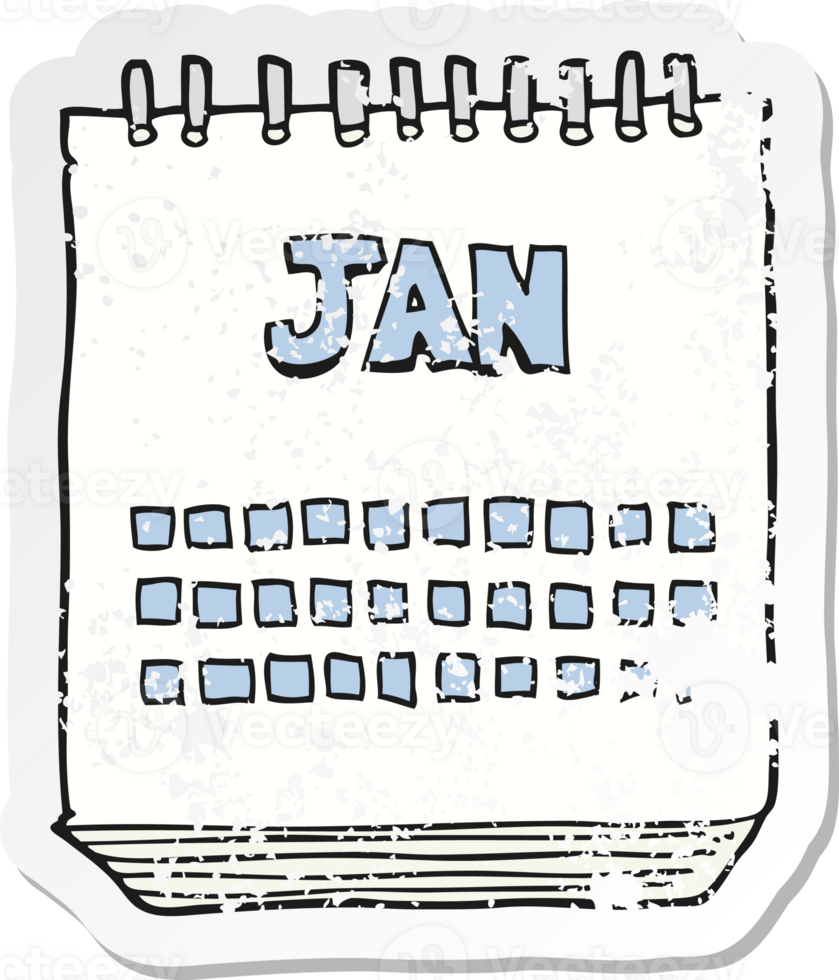 retro distressed sticker of a cartoon calendar showing month of january png