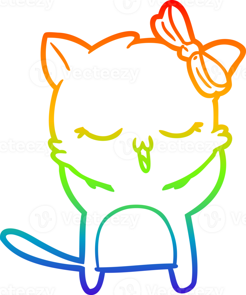 rainbow gradient line drawing of a cartoon cat with bow on head png