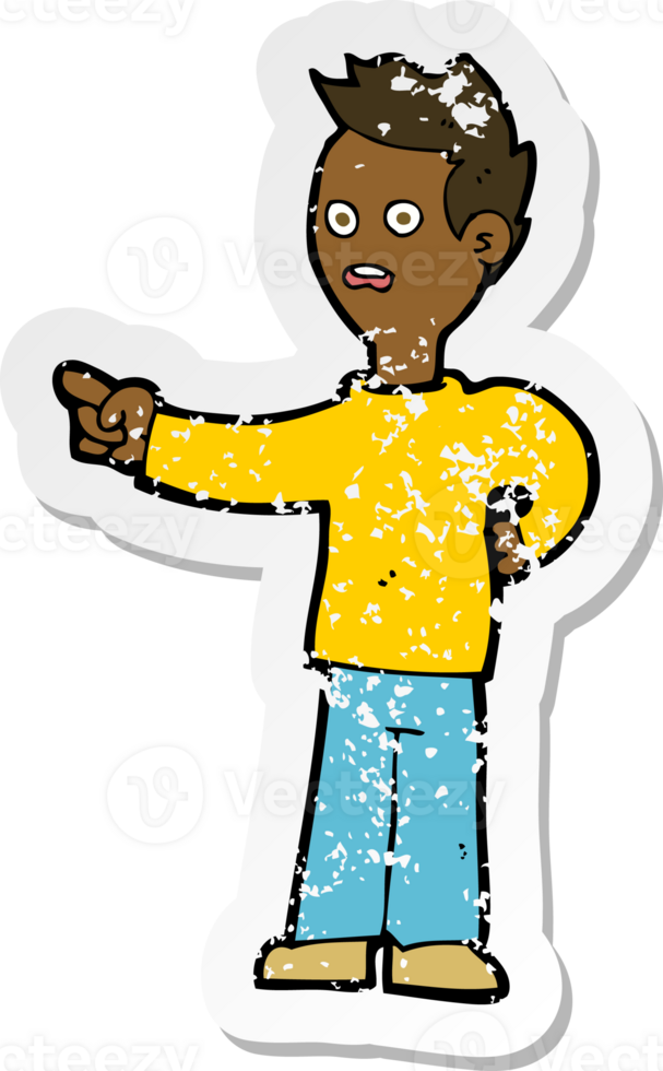 retro distressed sticker of a cartoon shocked boy pointing png
