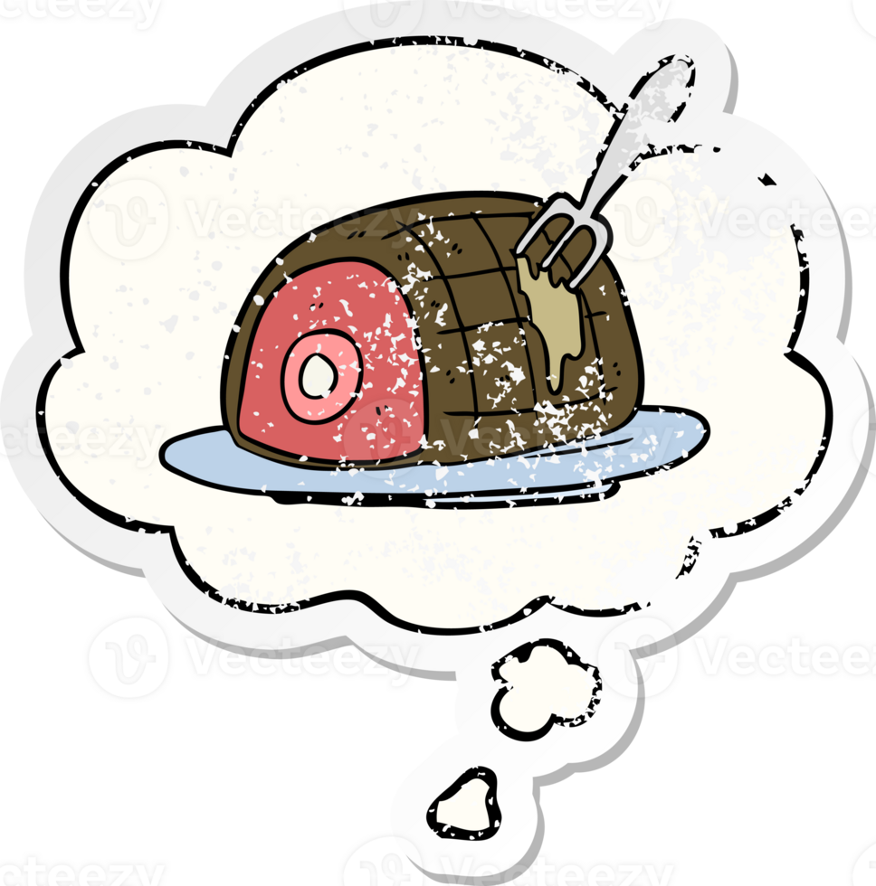cartoon cooked beef with thought bubble as a distressed worn sticker png