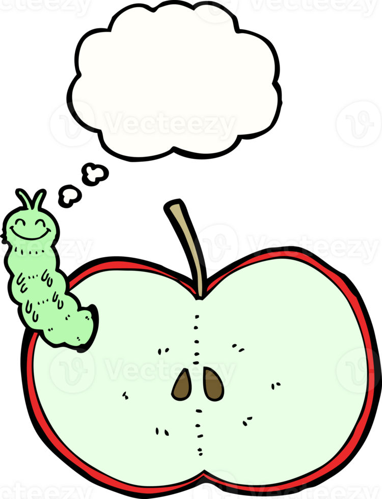 cartoon bug eating apple with thought bubble png