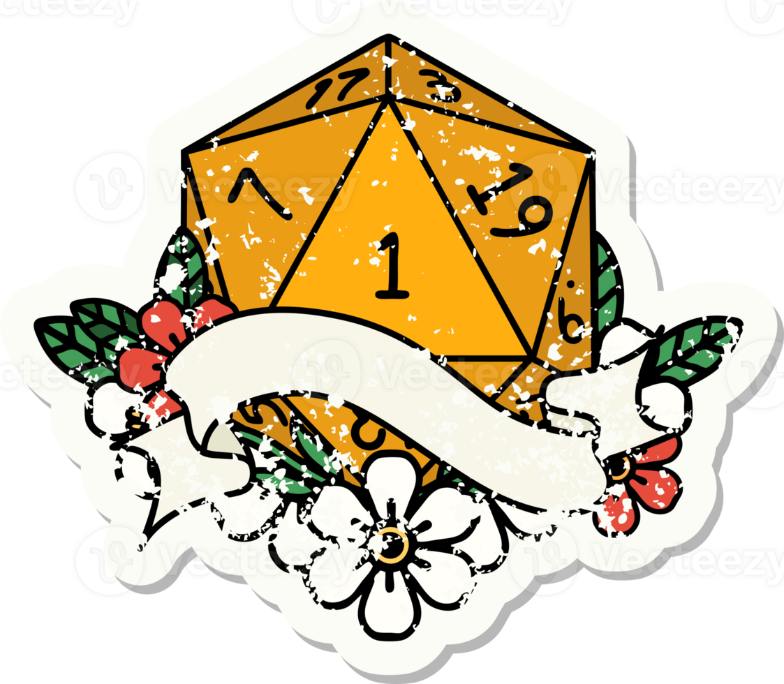 grunge sticker of a natural one d20 dice roll png