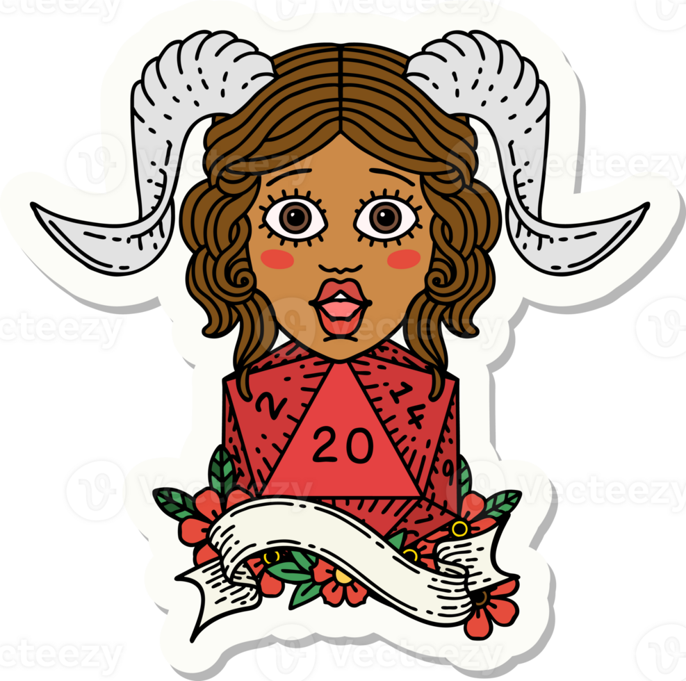 sticker of a tiefling with natural twenty dice roll png