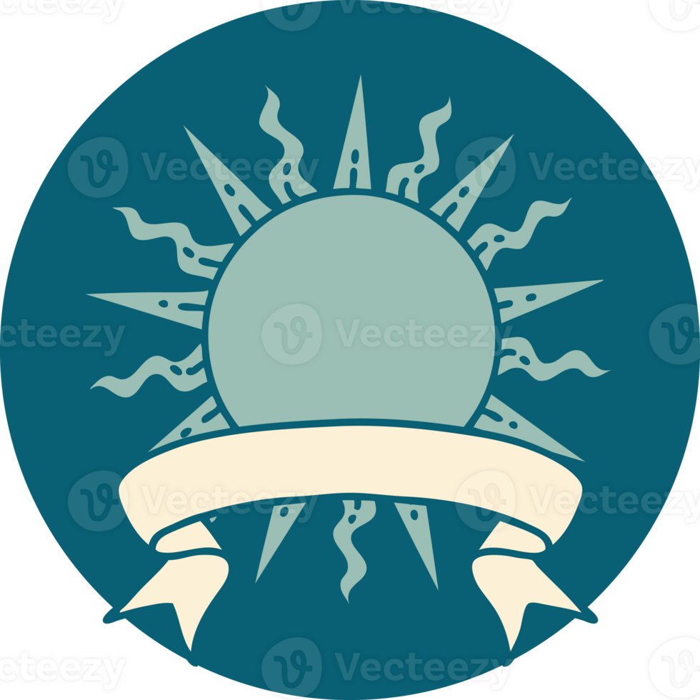 tattoo style icon with banner of a sun png