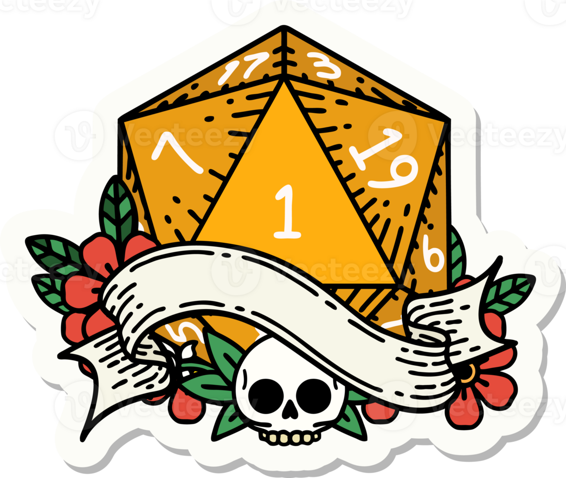 sticker of a natural one d20 dice roll png