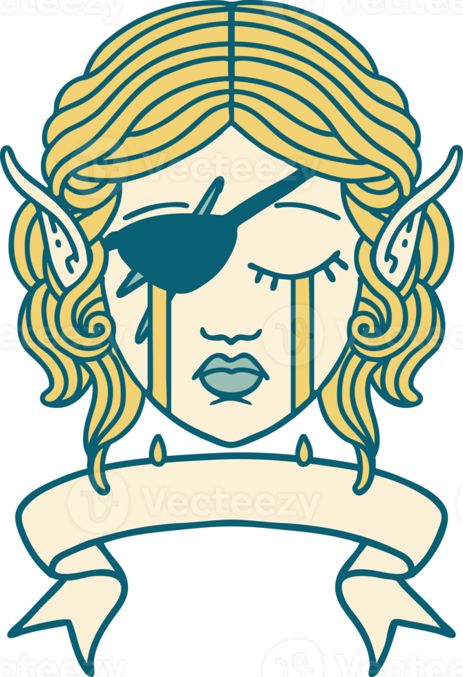 Retro Tattoo Style crying elf rogue character face with banner png