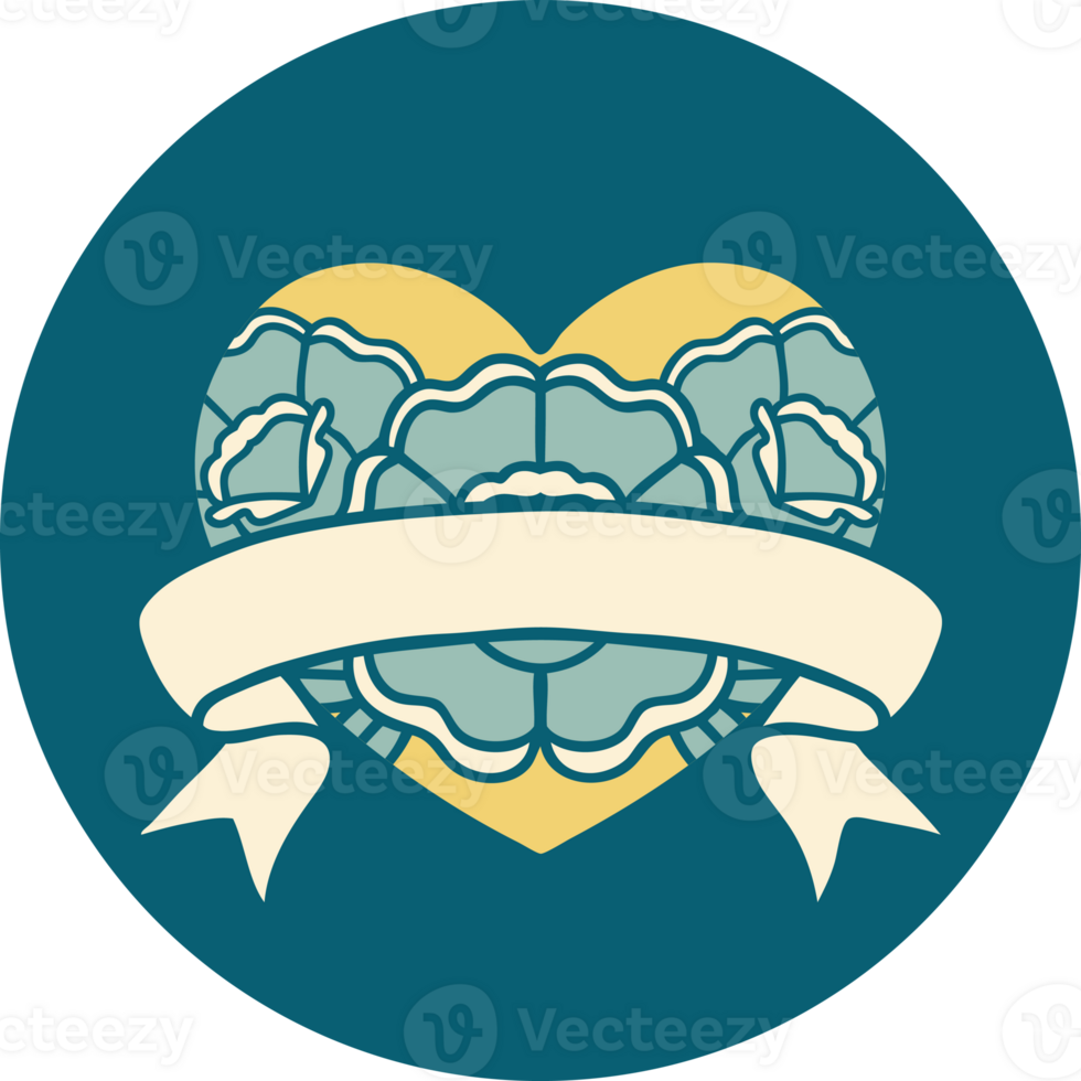 iconic tattoo style image of a heart and banner with flowers png
