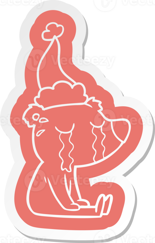 quirky cartoon  sticker of a crying sitting polar bear wearing santa hat png