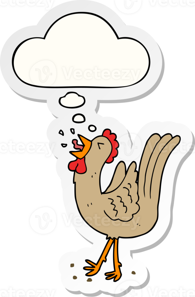cartoon crowing cockerel with thought bubble as a printed sticker png