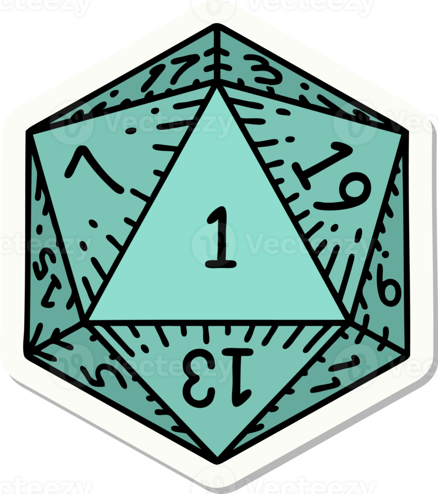sticker of a natural 1 D20 dice roll png