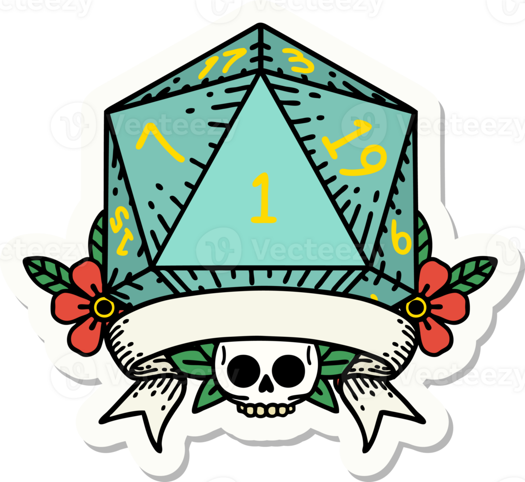 sticker of a natural one d20 dice roll png