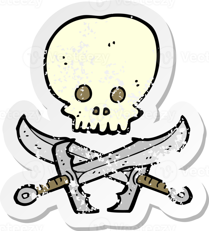 Retro beunruhigter Aufkleber eines Totenkopf- und Schwertsymbols png