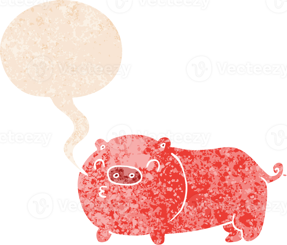 cartoon pig with speech bubble in grunge distressed retro textured style png